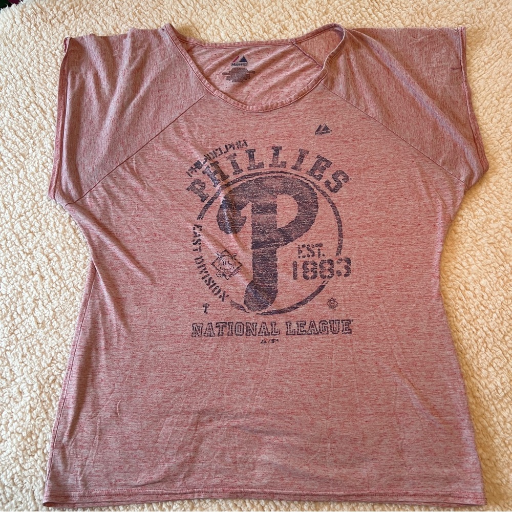 Ladies Philadelphia Phillies Tee Burnout Red sz XL women’s cap sleeve Majestic